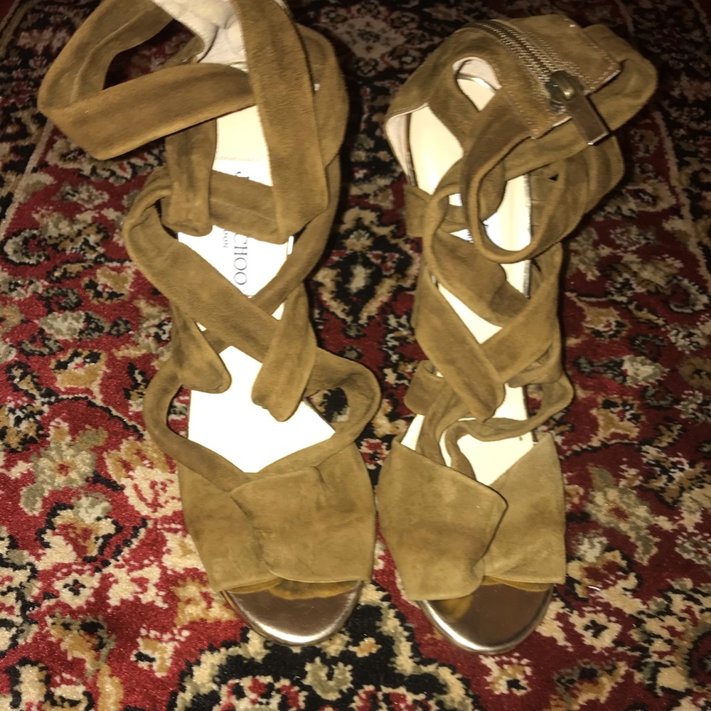 Jimmy Choo suede Army Green Wrap Heels sz 39.5